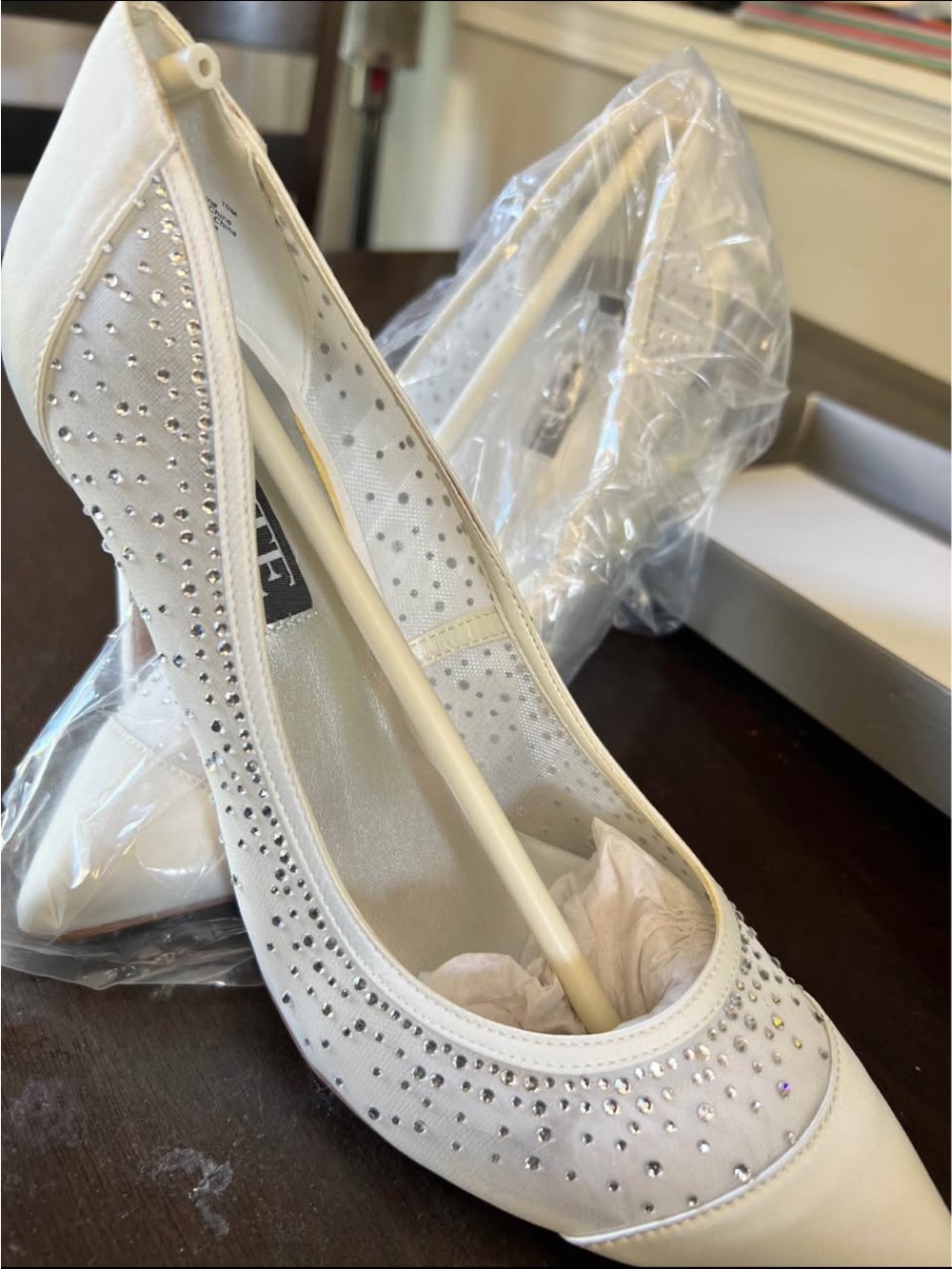 White by Vera Wang White Satin Crystal-Embellished Pumps